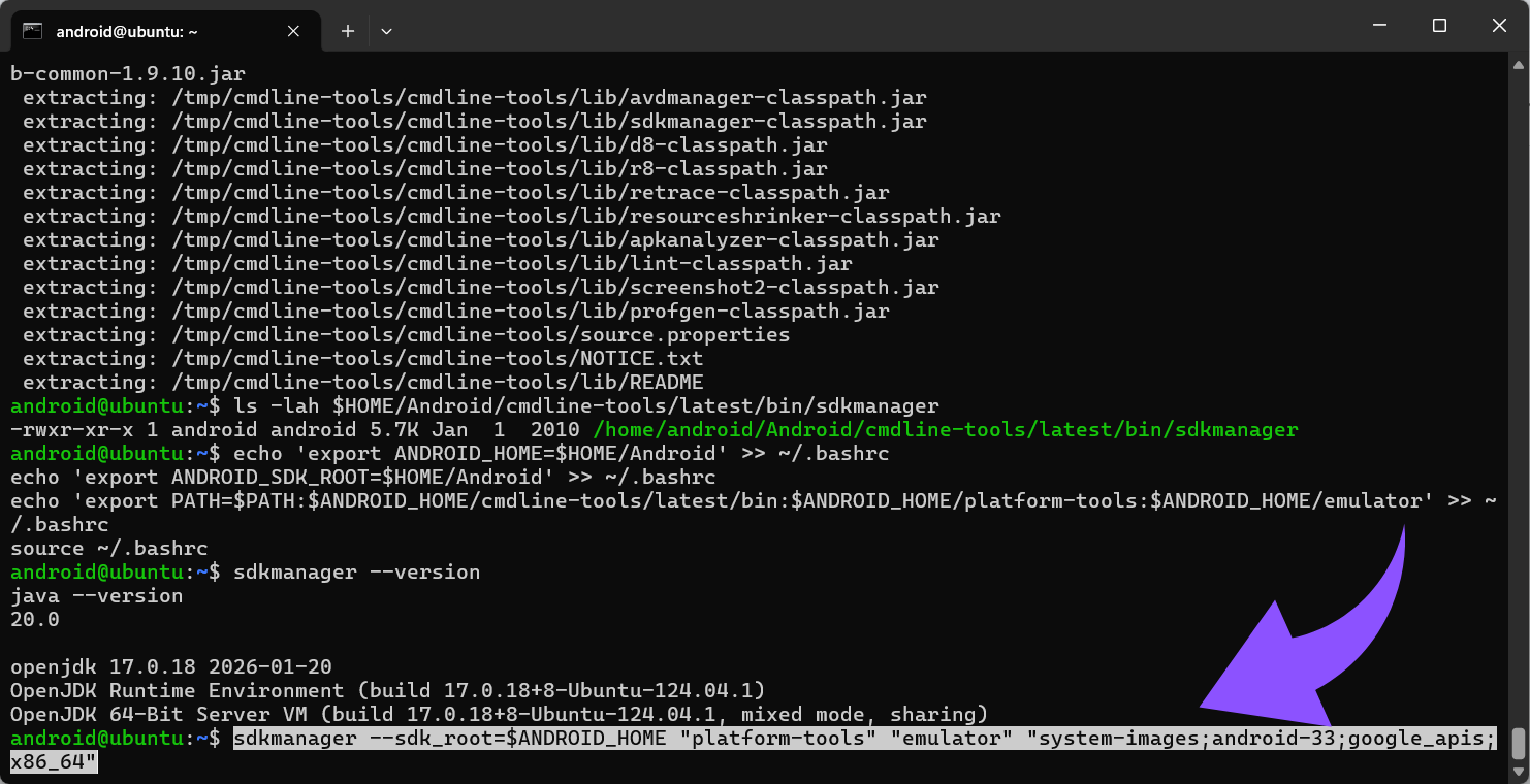 Installiere den Emulator + Plattform-Tools + ein kleineres System-Image