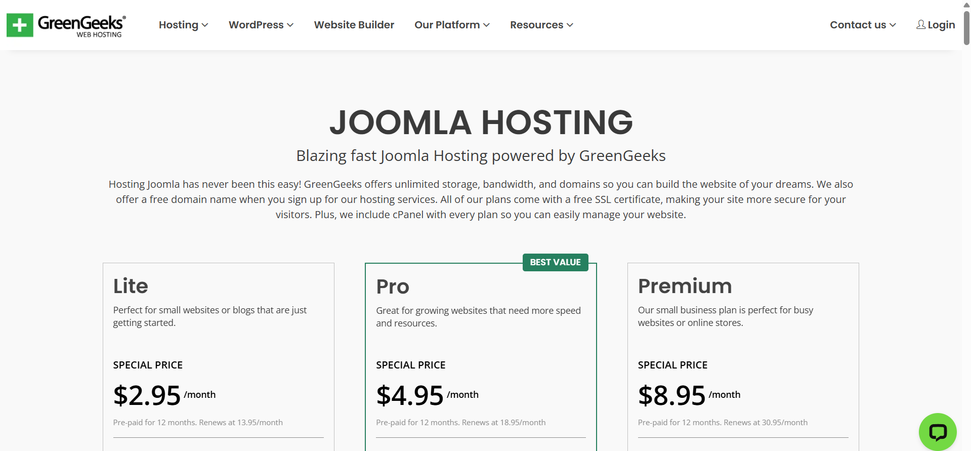 Greengeeks webpage and pricing