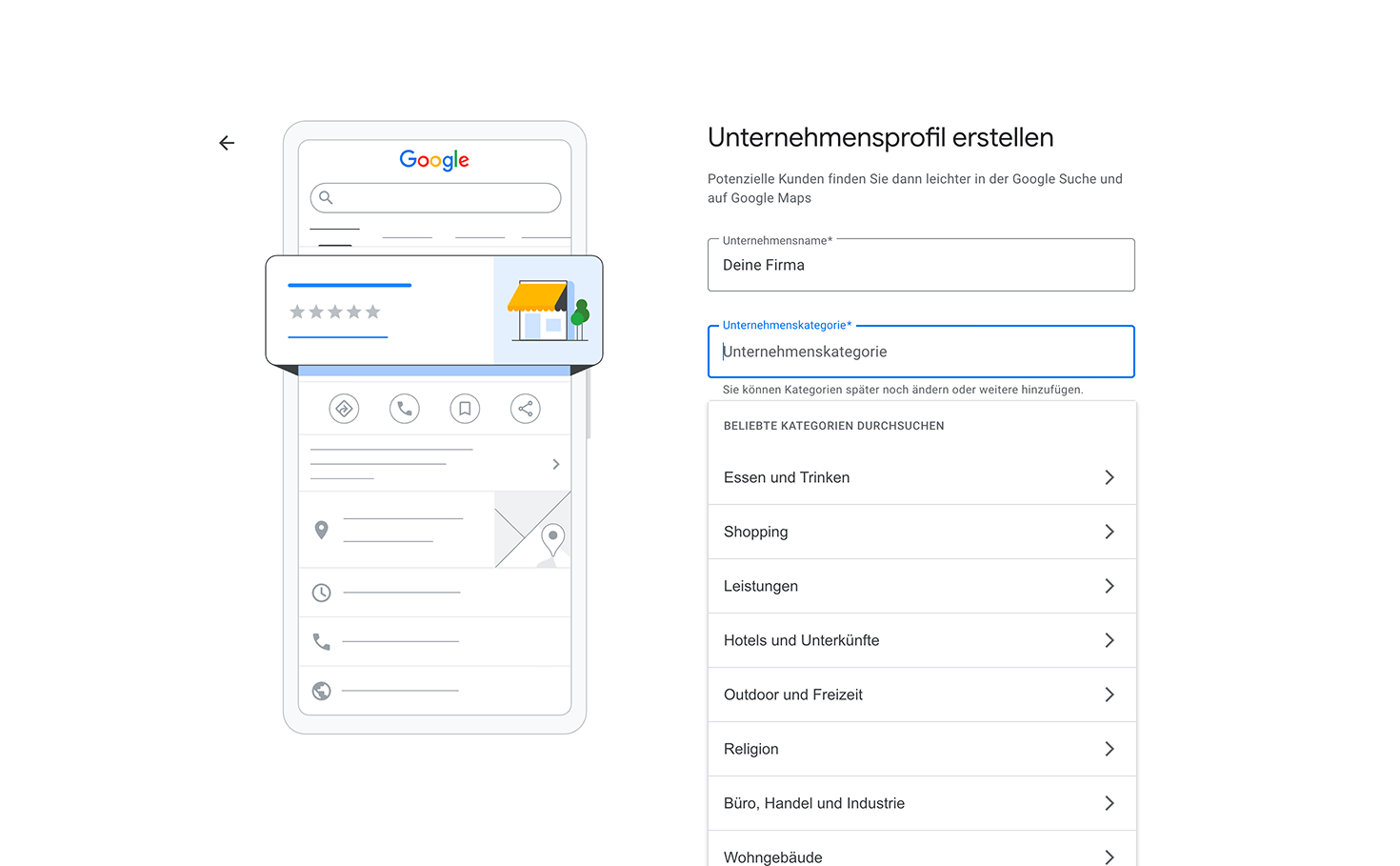 Hauptkategorie im Google Unternehmensprofil wählen