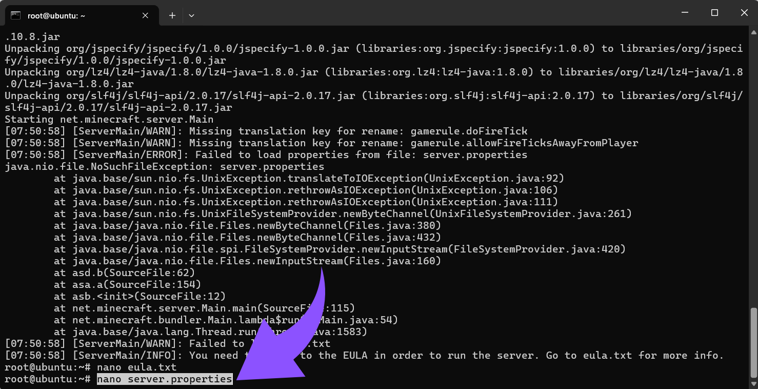 nano server.properties
