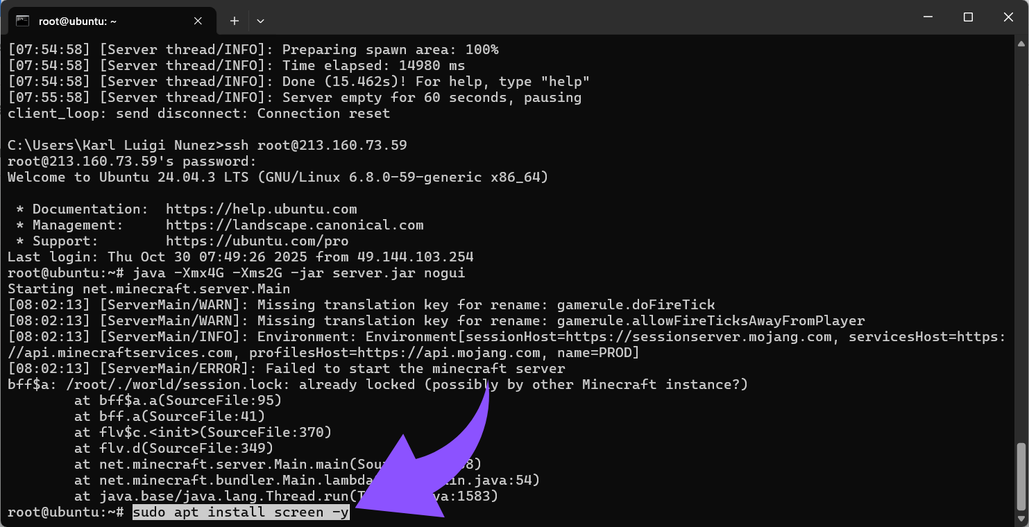 sudo apt install screen -y
