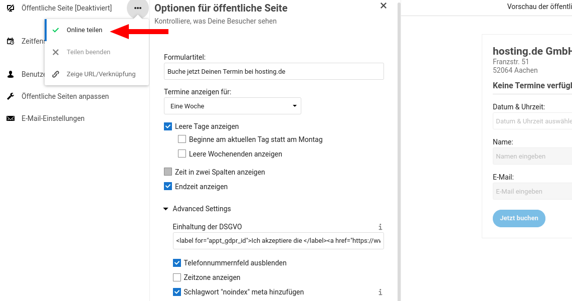 Appointments Formular teilen