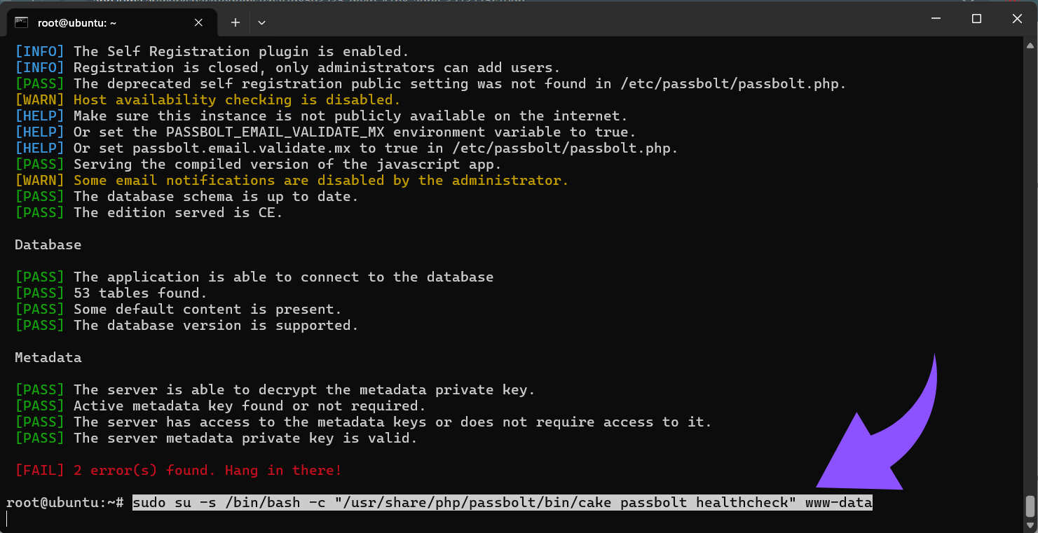 sudo su -s binbash -c usrsharephppassboltbincake passbolt healthcheck www-data.png