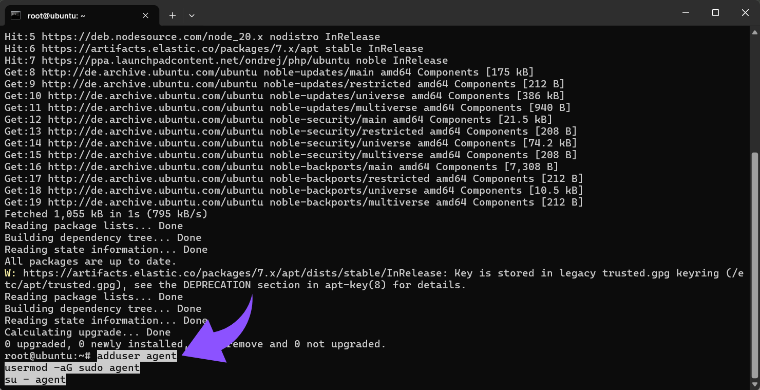 adduser agent usermod -aG sudo agent su - agent.png