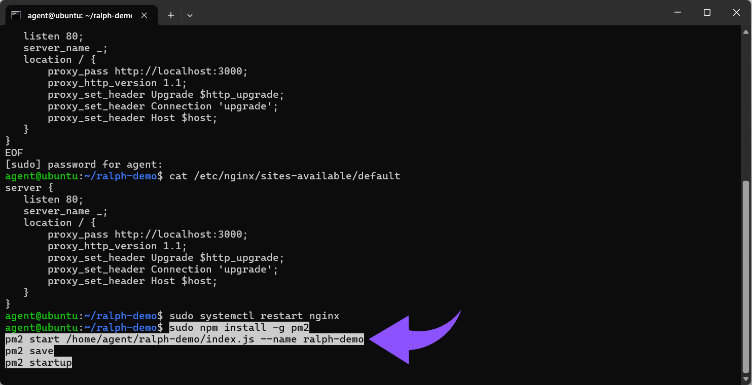sudo npm install -g pm2 pm2 start homeagentralph-demoindex.js &ndash;name ralph-demo pm2 save pm2 startup.png