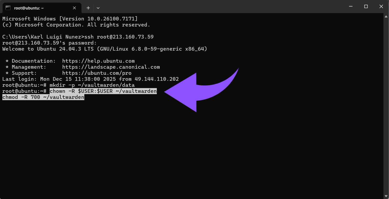 chown -R $USER$USER ~vaultwarden chmod -R 700 ~vaultwarden.png