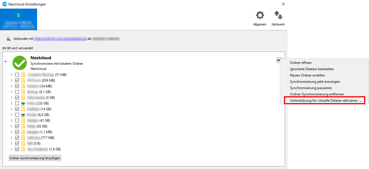 Nextcloud Client virtuelle Dateien aktivieren